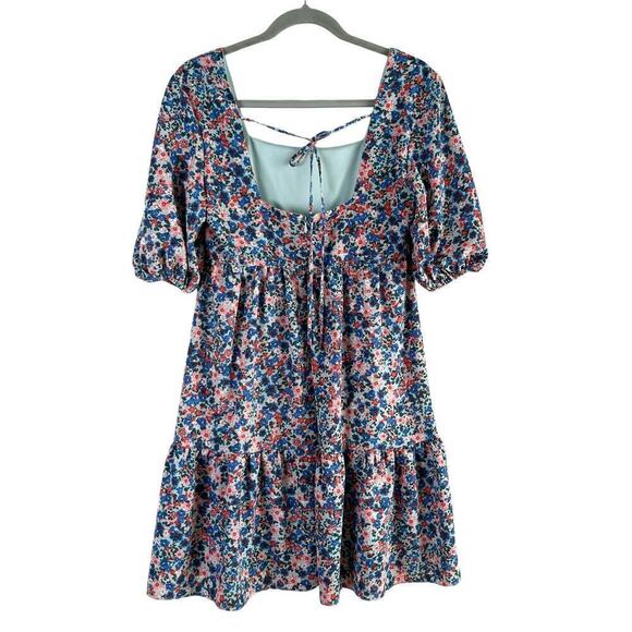 BCBG Paris Tie-Back Chiffon Floral Print Mini Tiered Dress Blue Pink, Size Small - Picture 9 of 11